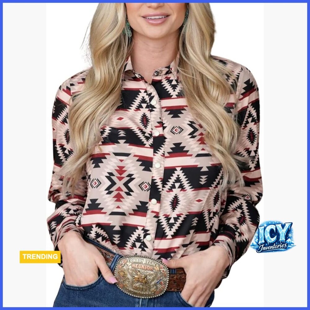 Retro Aztec Pearl Snap Button Up Blouse Long Sleeve Cowgirl Western Top